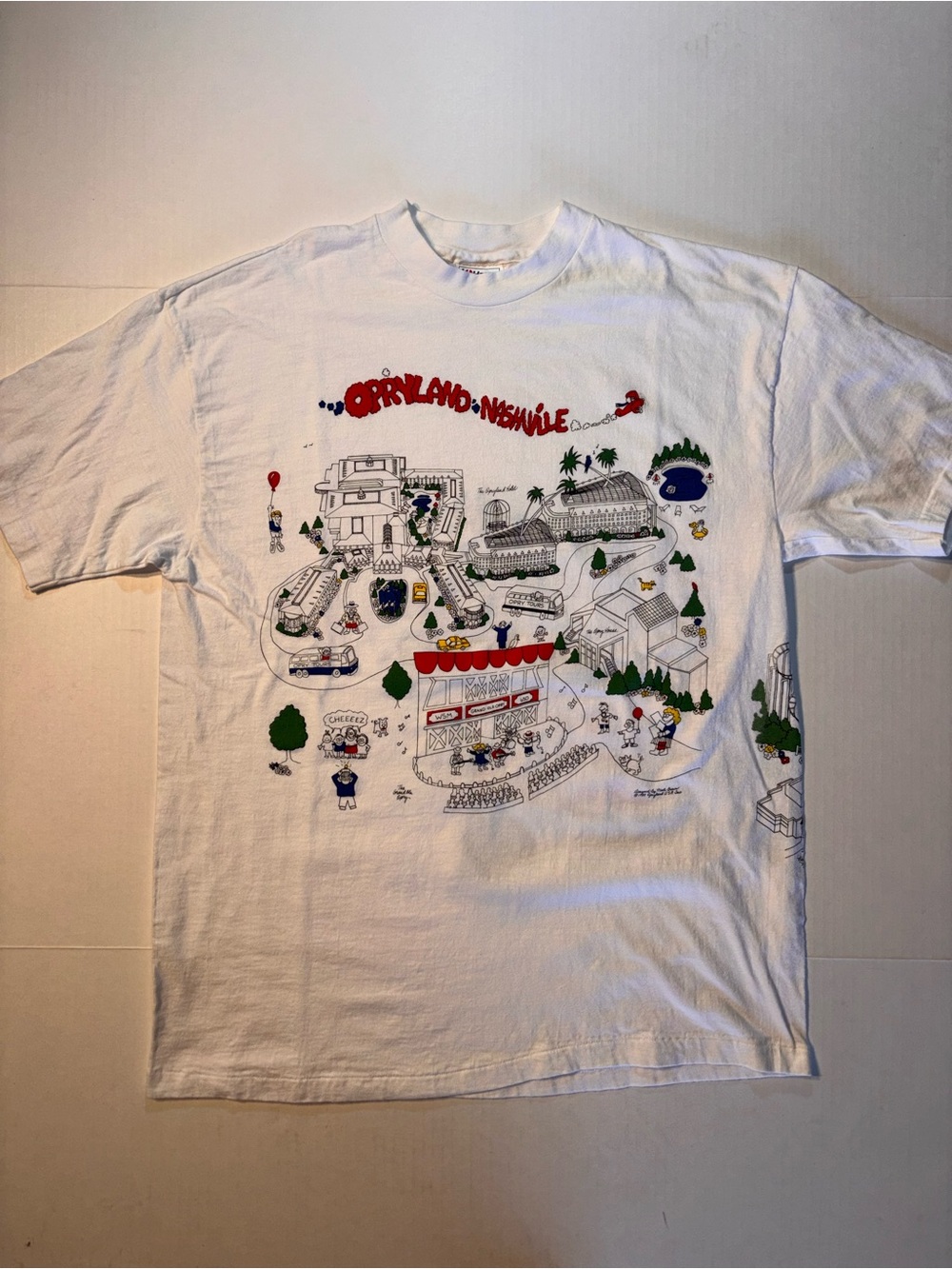 Vtg Hanes Beefy Nashville Opryland Cartoon Map Wraparound AOP 90’s USA Tshirt XL